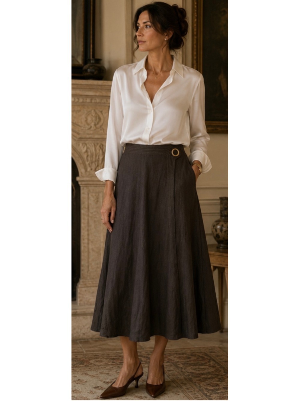 Madison Hill Midi Skirt Size 10 Brown Gold Button Detail Chic luxe new!
